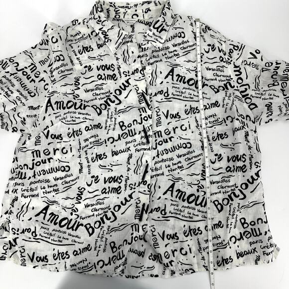 Laura Ashley White Linen Black French Graffiti Toggle Button up Blouse Size 2X - Picture 5 of 8
